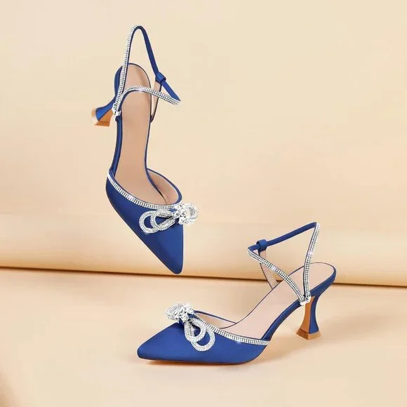 Women's Rhinstone Dark Blue Adjustable Strap Bow Closed Toe Pumps Heeled Shoes